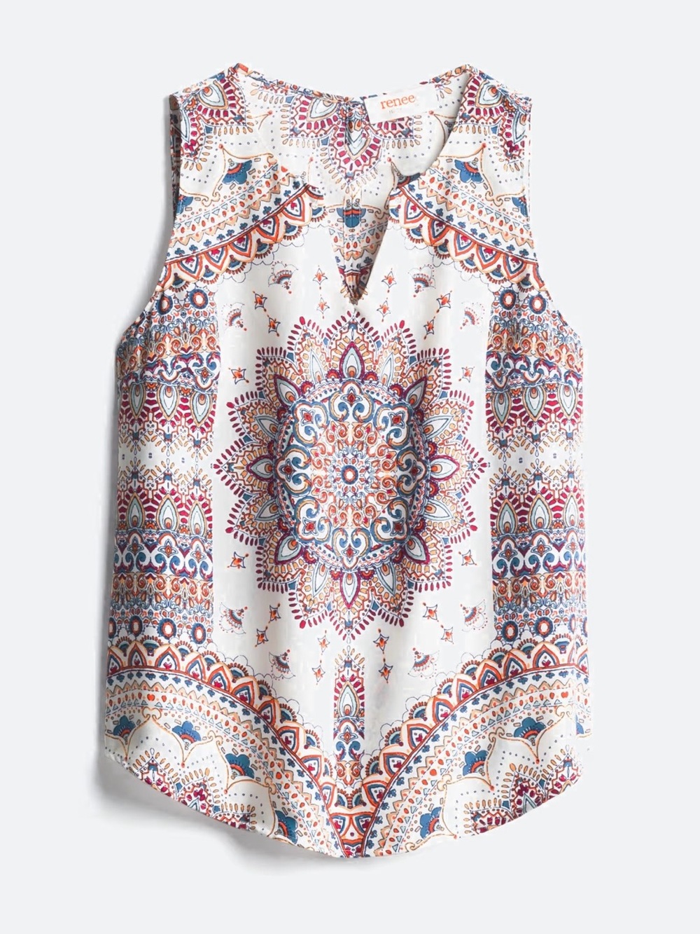 Renee C Jory Split Neck Top White Multicolor Sleeveless Medallion Print Top